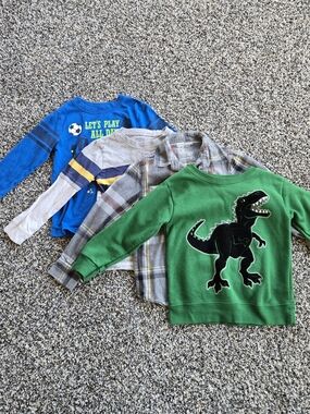 3T Lot Bundle Green Dinosaur Sweatshirt, Two Longsleeve Tees & Flannel